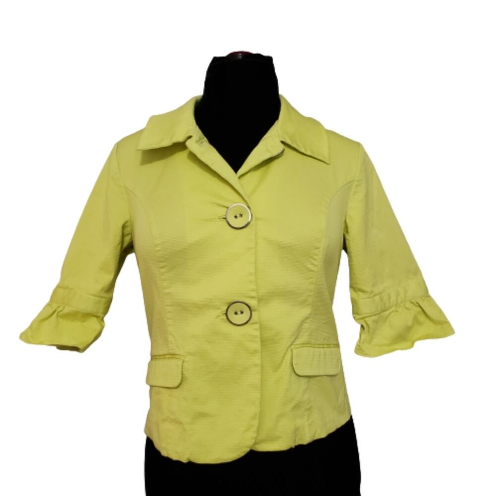 Chico's Lime Green Half Ruffle Sleeve Double Button Front Jacket Medium